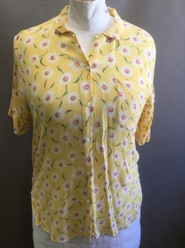 Womens, Blouse, BLUE MINT, Yellow, White, Green, Coral Pink, Rayon, Floral, B: 40, XL, Green Leaves, Crinkled Gauze Material, S/S, Button Front, CA, 1 Patch Pocket on Chest,