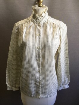 N/L, Off White, Dk Olive Grn, Polyester, Dots, Circle Dots, Button Front, Band Collar with Ruffle, Gathered at Yoke, Long Sleeves