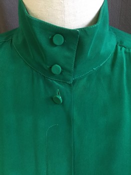 Womens, Blouse, PAUL STANLEY, Green, Silk, Solid, L, 42 , Mock Neck with 2 Self Cover Green Button, Hidden Button Front, Long Sleeves, 1 Pocket with Flap, Curved Hem (little Brown Stained Next to Pocket)