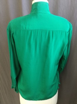 Womens, Blouse, PAUL STANLEY, Green, Silk, Solid, L, 42 , Mock Neck with 2 Self Cover Green Button, Hidden Button Front, Long Sleeves, 1 Pocket with Flap, Curved Hem (little Brown Stained Next to Pocket)