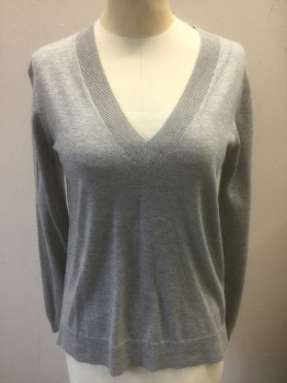 Womens, Pullover, MASSIMO DUTTI, Gray, Silk, Wool, Solid, XS, Lightweight Knit, Ribbed V-neck, Long Sleeves