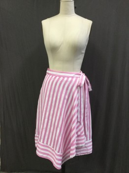 Womens, Skirt, Below Knee, LUCY PARIS, White, Pink, Synthetic, Stripes, L, Faux Wrap Style Skirt with Zipper Opening at Left Waist Seam with Faux Tie at Waist. Vertical Striped Skirt with Horizontal Self Stripe Hemline