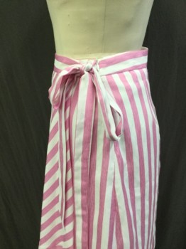 Womens, Skirt, Below Knee, LUCY PARIS, White, Pink, Synthetic, Stripes, L, Faux Wrap Style Skirt with Zipper Opening at Left Waist Seam with Faux Tie at Waist. Vertical Striped Skirt with Horizontal Self Stripe Hemline