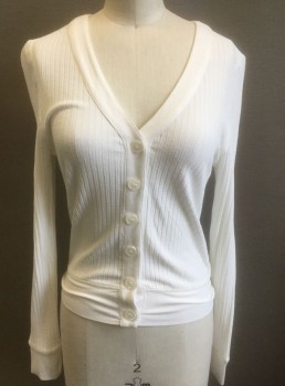 Womens, Sweater, DAVID LERNER, White, Viscose, Elastane, Solid, S, Lightweight Ribbed Knit, Long Sleeves, Deep V-neck, 6 Button Front, Fitted