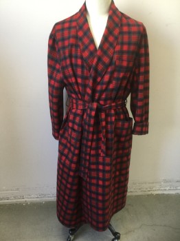 Mens, Bathrobe, N/L, Red, Navy Blue, Forest Green, Wool, Plaid, O/S, Long Sleeves, Shawl Lapel, 3 Patch Pockets, Solid Burgundy Lining, **2 Piece with Matching Fabric Sash BELT