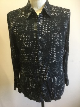 DKNY, Black, Viscose, Abstract , Grayscale Squares, Long Sleeve Button Front, Collar Attached,