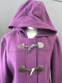Womens, Coat, LL BEAN, Purple, Brown, Wool, Solid, 8, Zip Front, Brown Vinyl Toggle Closure, Attached Hood, Slit Pockets,