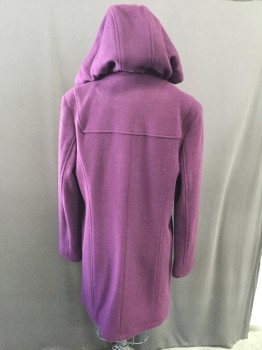 Womens, Coat, LL BEAN, Purple, Brown, Wool, Solid, 8, Zip Front, Brown Vinyl Toggle Closure, Attached Hood, Slit Pockets,