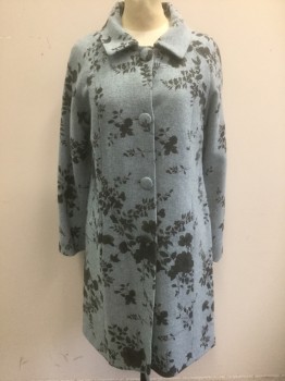 PAUL & JOE, Slate Blue, Charcoal Gray, Wool, Polyester, Floral, Light Slate Blue with Charcoal Floral Pattern, Single Breasted, 4 Large Self Fabric Covered Buttons, Collar Attached, Raglan Sleeves, Knee Length, Light Gray Satin Lining