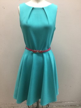 Womens, Dress, Sleeveless, CLOSET, Teal Blue, Fuchsia Pink, Polyester, Solid, 8, Scoop Neck, 2 Pleats at Neck, Fit and Flare A-Line, Hem Above Knee,  Belt Loops, **2 Piece: with Matching Fuchsia 1/2" Wide Pleather BELT, with Bow Shaped Buckle with Gold Metal Edges