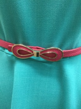 CLOSET, Teal Blue, Fuchsia Pink, Polyester, Solid, Scoop Neck, 2 Pleats at Neck, Fit and Flare A-Line, Hem Above Knee,  Belt Loops, **2 Piece: with Matching Fuchsia 1/2" Wide Pleather BELT, with Bow Shaped Buckle with Gold Metal Edges