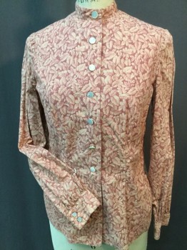 CLORIS LEACHMAN, Brown, Tan Brown, Peach Orange, Cotton, Polyester, Leaves/Vines , Dusty  Reddish-brown with Tan, Peach-orange Leaves Print, Stand Collar Attached, Button Front, Long Sleeves, Pleat Released Bottom Front & Back, Multiples,