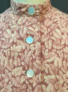 CLORIS LEACHMAN, Brown, Tan Brown, Peach Orange, Cotton, Polyester, Leaves/Vines , Dusty  Reddish-brown with Tan, Peach-orange Leaves Print, Stand Collar Attached, Button Front, Long Sleeves, Pleat Released Bottom Front & Back, Multiples,