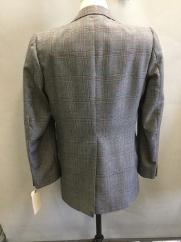 Mens, 1970s Vintage, Suit, Jacket, N/L, Gray, Black, Red, Wool, Plaid, 40L, Single Breasted, 2 Buttons,  Wide Notched Lapel, 3 Pockets,