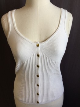 TOP SHOP, White, Cotton, Polyester, Solid, White Ribbed, Knit, 1" Straps, Scoop Neck, 7 Gold Button Front