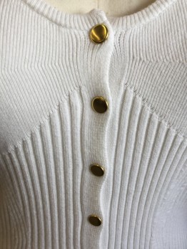 Womens, Top, TOP SHOP, White, Cotton, Polyester, Solid, 4, White Ribbed, Knit, 1" Straps, Scoop Neck, 7 Gold Button Front