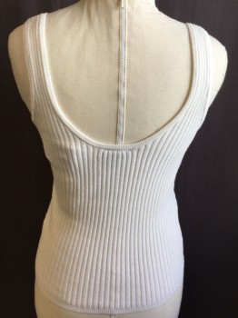 TOP SHOP, White, Cotton, Polyester, Solid, White Ribbed, Knit, 1" Straps, Scoop Neck, 7 Gold Button Front