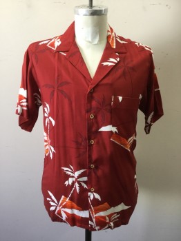 BAREFOOT PARADISE, Dk Red, White, Orange, Rayon, Hawaiian Print, Palm Trees, Button Front, Collar Attached, Short Sleeves, 1 Pocket, Multiples,