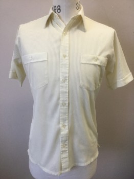 JEAN PHILLIPE, Butter Yellow, Polyester, Solid, Stripes - Vertical , Self Stripe/Ribbed Texture Sheer Polyester, Short Sleeve Button Front, Collar Attached, 2 Patch Pockets