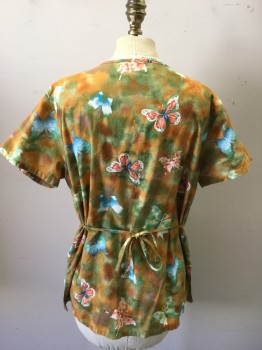 Womens, Nurse, Top/Smock, CHEROKEE, Olive Green, Rust Orange, Orange, Blue, Cotton, Graphic, S, Butterfly Print with Orange/Green Speckled Pattern, Scoop Neck with V Cut Center Front, Short Sleeves, 2 Patch Pockets, Tie Back From Side Seams