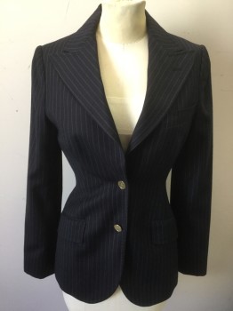 Womens, Suit, Jacket, DOLCE & GABBANA, Navy Blue, Lt Gray, Wool, Stripes - Pin, B34, Single Breasted, 2 Buttons,  Peaked Lapel, Hand Picked Collar/Lapel, 2 Pockets, No Vents, DG Gold Buttons, Lined in Silk Animal Print