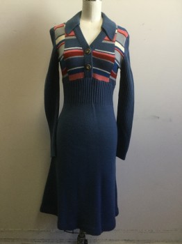 100% ACRYLIC, French Blue, Pink, Red, Gray, Blue, Acrylic, Stripes, 1970's Sweater Dress, Ribbed Knit Collar, Ribbed Placket with 2 Buttons, Striped Top, Solid French Blue Ribbed Knit Long Sleeves/Waistband, Solid French Blue Skirt, Hem Below Knee