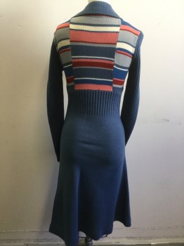 100% ACRYLIC, French Blue, Pink, Red, Gray, Blue, Acrylic, Stripes, 1970's Sweater Dress, Ribbed Knit Collar, Ribbed Placket with 2 Buttons, Striped Top, Solid French Blue Ribbed Knit Long Sleeves/Waistband, Solid French Blue Skirt, Hem Below Knee