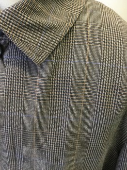BANANA REPUBLIC, Dk Brown, Brown, White, Navy Blue, Periwinkle Blue, Wool, Plaid, Grid , Brown Plaid with Periwinkle/Brown Grid Overlay, Single Breasted, Hidden Placket, 3 Flap Pockets, Collar Attached, Hem Above Knee