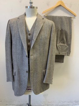 Mens, 1960s Vintage, Suit, Jacket, BROOKS BROTHERS, Brown, Gray, Lt Brown, Wool, Tweed, Herringbone, 43L, Single Breasted, Collar Attached, Notched Lapel, 3 Buttons,  3 Pockets