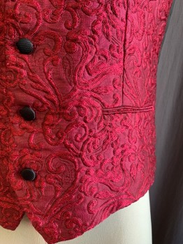 DOLCE & GABBANA, Raspberry Pink, Polyester, Acetate, Swirl , Vest, Swirling Brocade, 5 Black Fabric Covered Buttons, 2 Faux Pockets, Solid Black Satin Back with Self Square Medallions and Self Attached Back Belt