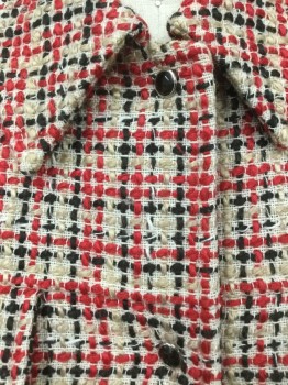 NINE WEST, Cream, Red, Black, Wool, Plaid, Collar Attached, Snap Front, Pocket Flap, Boucle, Fringe FC053478
