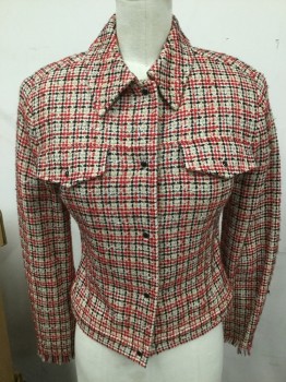 Womens, Suit, Jacket, NINE WEST, Cream, Red, Black, Wool, Plaid, W:26, B:30, Collar Attached, Snap Front, Pocket Flap, Boucle, Fringe FC053478