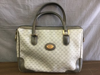 GUCCI, Gray, Green, Plastic, Leather, Logo , Signature Gucci Print, Lt Gray with Gray GGs, Grayish-Green Trim/Handles, Gold Hardware, Zip Closure, 12" X 9.5", Barcode Inside Pocket, (missing Strap)