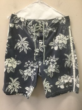Mens, Swim Trunks, ABERCROMBIE & FITCH, Navy Blue, White, Cotton, Nylon, Hawaiian Print, Tropical , W:32, Navy with White Hawaiian Palm Trees, Hibiscus Leaves, Etc, Gray Cord Lace Up and Velcro Closures at Center Front Waist, White Outseam Stripe, 10" Inseam