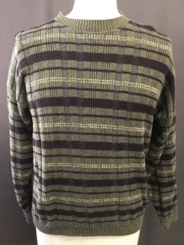 LIBERTY, Gray, Olive Green, Red Burgundy, White, Blue, Wool, Plaid, Pullover, Crew Neck, Rib Knit,