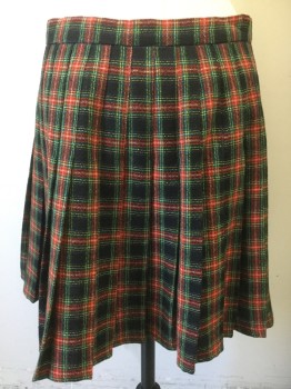 CRAZY HORSE, Red, Black, Blue, Yellow, Green, Wool, Plaid, Mini Length Wrap Skirt, Knife Pleats, 2 Buttons, Comes with Large Gold Safety Pin