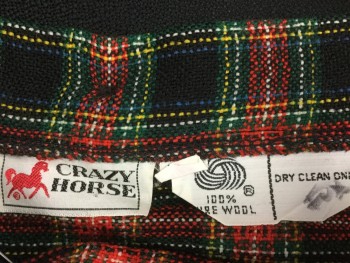 CRAZY HORSE, Red, Black, Blue, Yellow, Green, Wool, Plaid, Mini Length Wrap Skirt, Knife Pleats, 2 Buttons, Comes with Large Gold Safety Pin