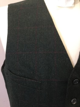 Mens, 1930s Vintage, Suit, Vest, N/L, Forest Green, Red, Wool, Plaid-  Windowpane, 40, 4 Pckts, 6 Buttons, Black Cotton Back with Adjustable Belt