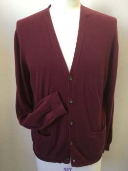 Mens, Cardigan Sweater, JOSEPH & LYMAN, Maroon Red, Cashmere, Solid, Large, Button Front, 2 Pockets, 5 Buttons,