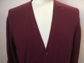 Mens, Cardigan Sweater, JOSEPH & LYMAN, Maroon Red, Cashmere, Solid, Large, Button Front, 2 Pockets, 5 Buttons,