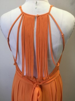 Womens, Evening Gown, HALSTON HERITAGE, Apricot Orange, Polyester, 10, Sleeveless, Handkerchief Hem,  Self Belt, Multi-strap Back,  Center Back Zipper and Button