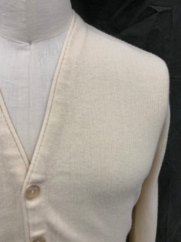 PEBBLE BEACH, Cream, Acrylic, Solid, V-neck, Cardigan Ribbed Knit Waistband/Long Rolled Back Cuff, Mother of Pearl Button Front,