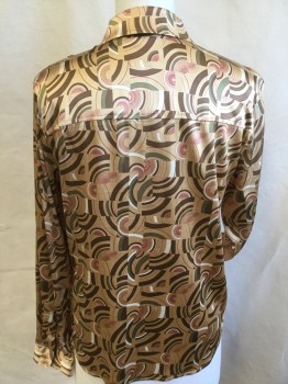 Womens, Blouse, CITY DKNY, Tan Brown, Brown, Olive Green, Red Burgundy, Cream, Silk, Spandex, Abstract , B:40, Collar Attached, Button Front, Long Sleeves, Curved Hem,