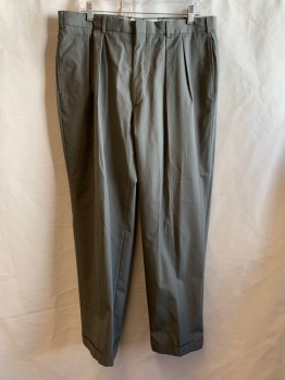 BROOKS BROTHERS, Putty/Khaki Gray, Wool, Solid, Pleated Front, 4 Pockets, Belt Loops, Zip Fly, Cuffed Hems