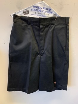 Mens, Shorts, DICKIES, Black, Poly/Cotton, Solid, W33, Zip Front, Flat Front, 2 Slant Pockets, 2 Back Welt Pockets with 1 Button, Logo Patch on Hem and Above Back Pocket