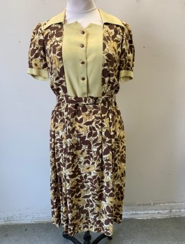 N/L MTO, Butter Yellow, Brown, Ecru, Silk, Floral, Crepe, Short Sleeves, Shirtwaist, Solid Butter Yellow Collar, Cuffs and Panel on Placket, Pleated at Waist, Knee Length, Made To Order Reproduction **With Matching BELT