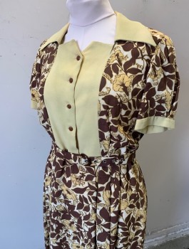 Womens, Dress, N/L MTO, Butter Yellow, Brown, Ecru, Silk, Floral, W:30, B:38, Crepe, Short Sleeves, Shirtwaist, Solid Butter Yellow Collar, Cuffs and Panel on Placket, Pleated at Waist, Knee Length, Made To Order Reproduction **With Matching BELT