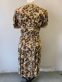 N/L MTO, Butter Yellow, Brown, Ecru, Silk, Floral, Crepe, Short Sleeves, Shirtwaist, Solid Butter Yellow Collar, Cuffs and Panel on Placket, Pleated at Waist, Knee Length, Made To Order Reproduction **With Matching BELT