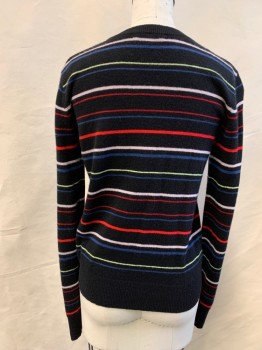 Womens, Pullover, EQUIPMENT, Black, Red, White, Blue, Lime Green, Cashmere, Stripes, XS, Ribbed Knit Crew Neck/Waistband/Cuff