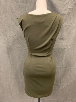 EZRA, Dk Green, Polyester, Rayon, Solid, Scoop Neck, Pleated at Right Shoulder, Pleated Skirt at Waist Seam, Hidden Side Zip, Zipper Detail on Shoulder